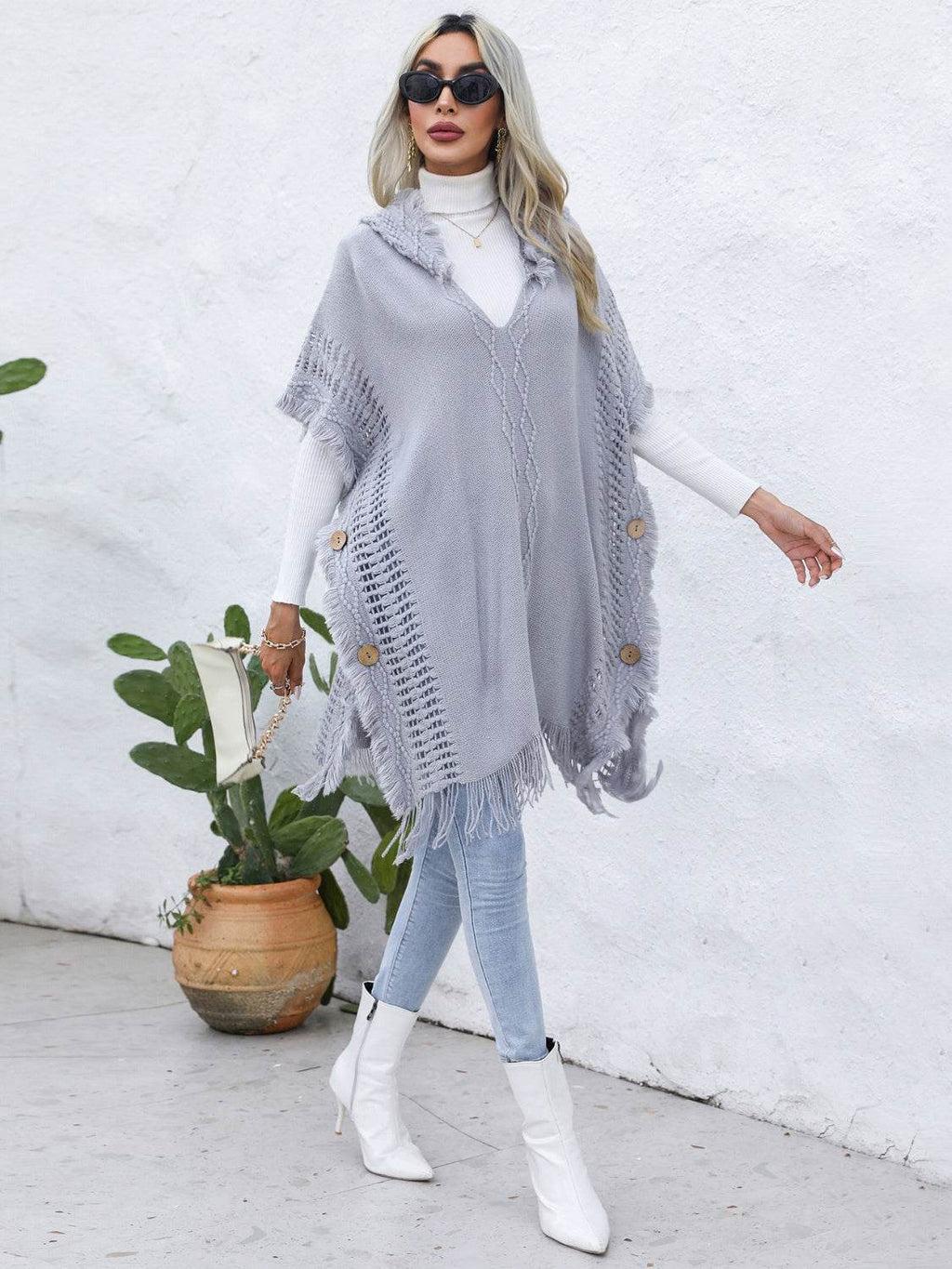 Fringe Trim Buttoned Hooded Poncho - Delanoir
