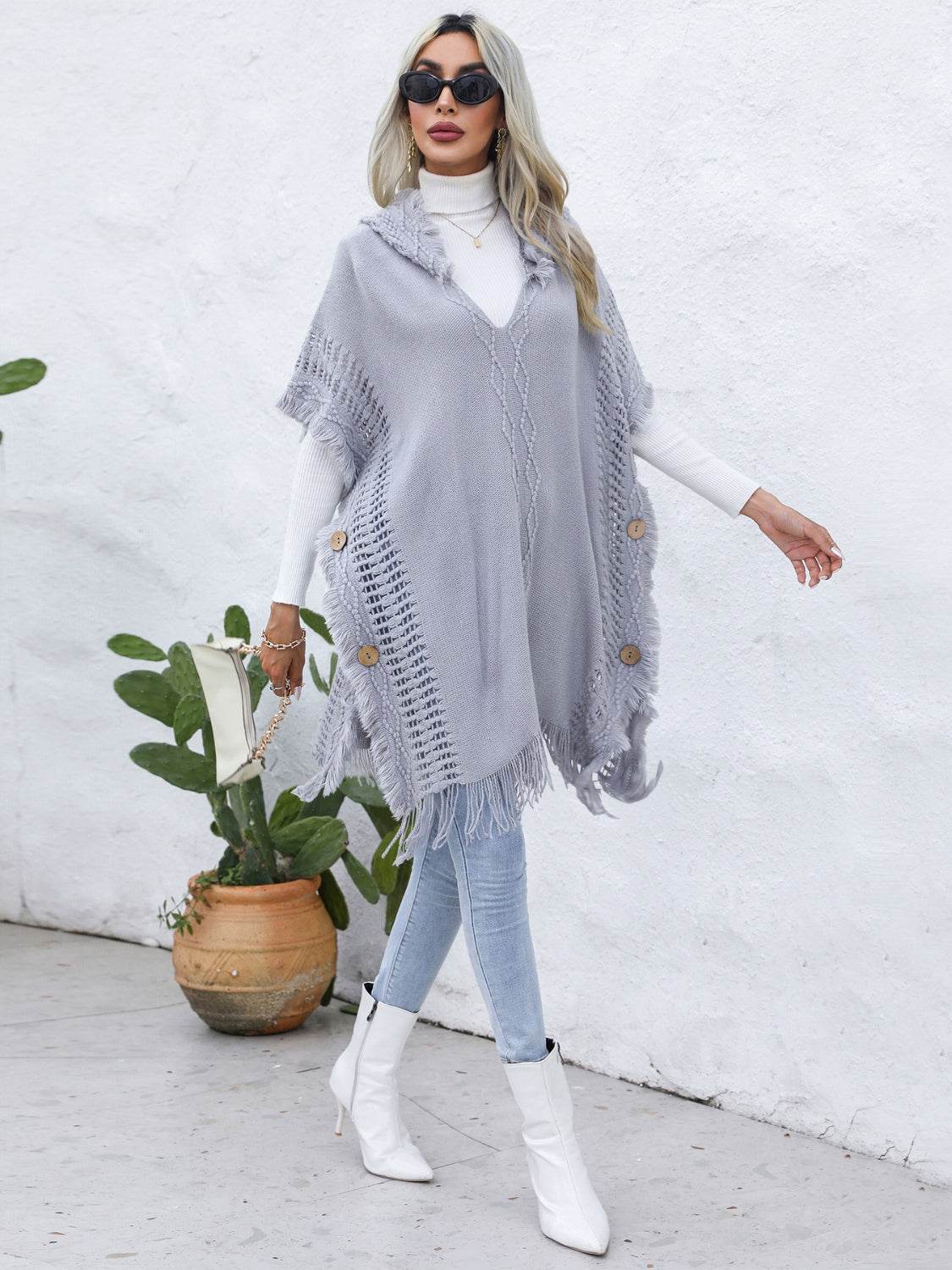 Fringe Trim Buttoned Hooded Poncho - Delanoir