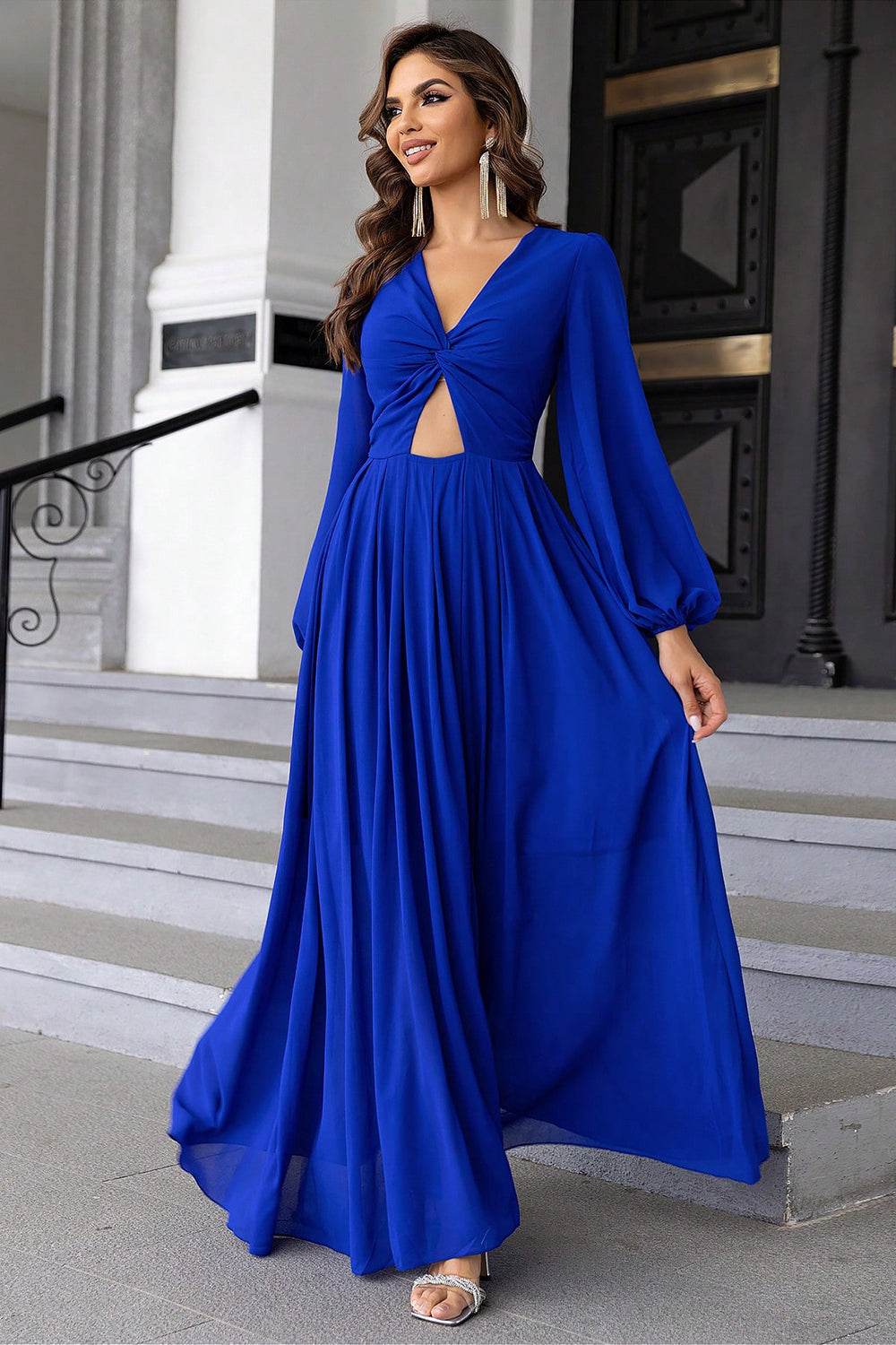 Twist Front Cutout Long Sleeve Dress - Delanoir