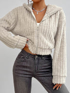 Zip Up Long Sleeve Fuzzy Hooded Jacket - Delanoir