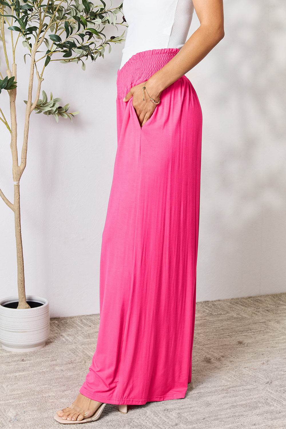 Double Take Full Size Smocked Wide Waistband Wide Leg Pants - Delanoir