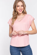 ACTIVE BASIC Lace Trim V-Neck Short Sleeve Ribbed Top - Delanoir