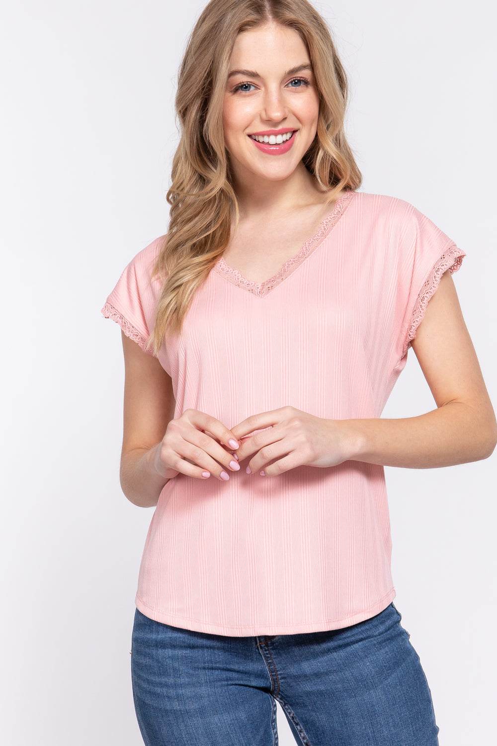 ACTIVE BASIC Lace Trim V-Neck Short Sleeve Ribbed Top - Delanoir