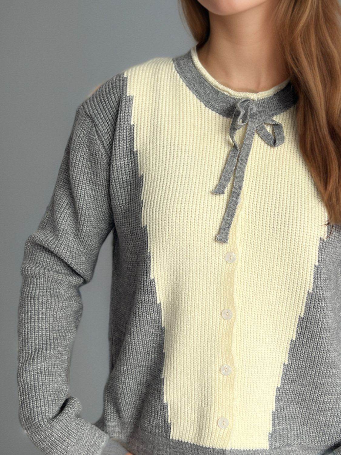 Contrast Button Down Long Sleeve Cardigan - Delanoir