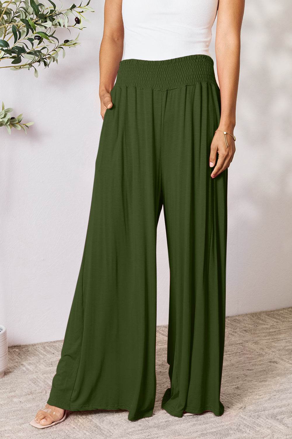 Double Take Full Size Smocked Wide Waistband Wide Leg Pants - Delanoir