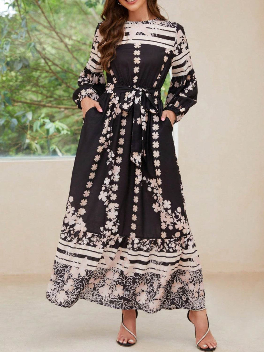 Printed Round Neck Long Sleeve Maxi Dress with Pockets - Delanoir