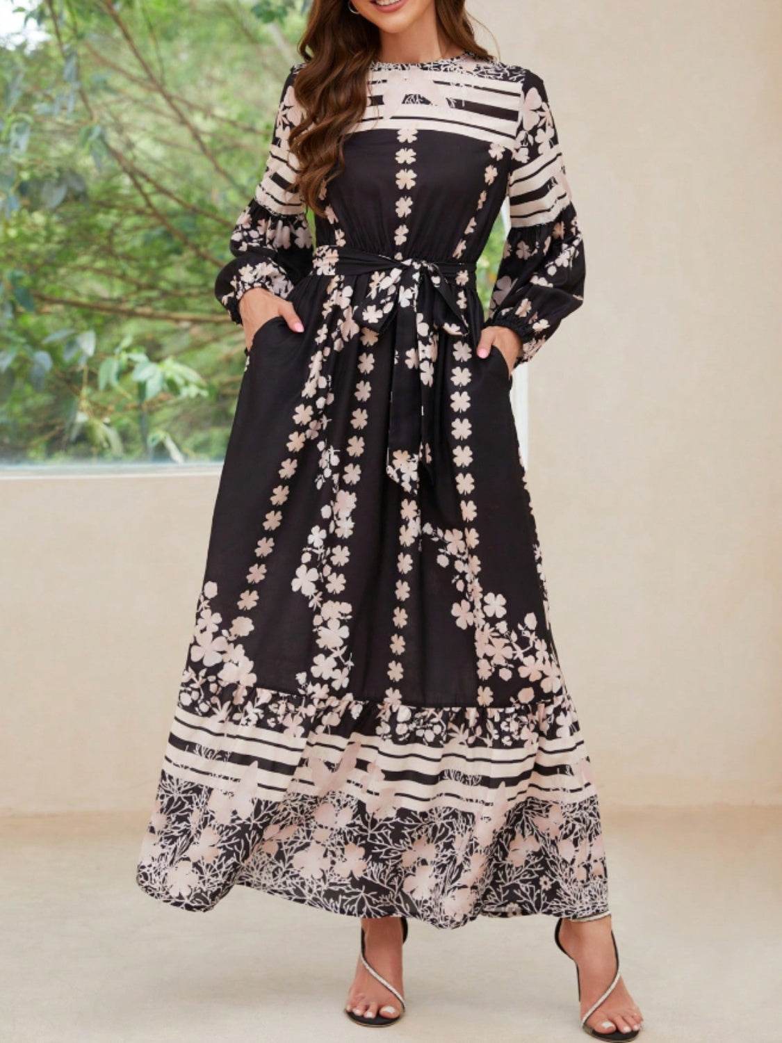Printed Round Neck Long Sleeve Maxi Dress with Pockets - Delanoir