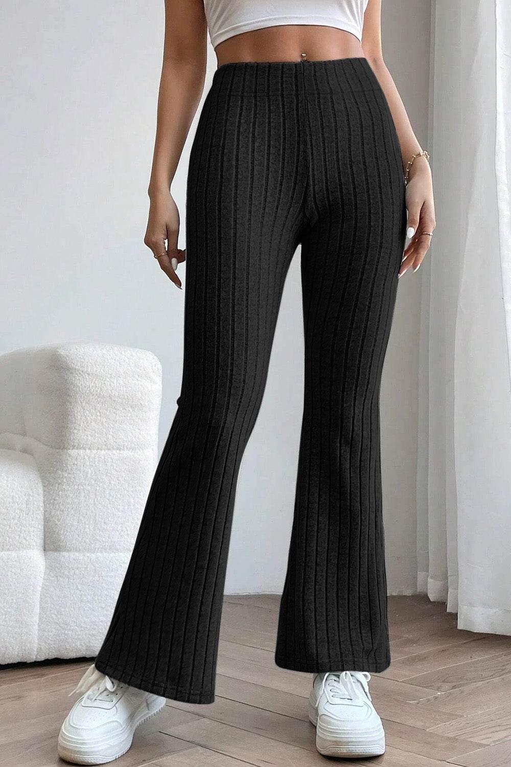 Basic Bae Full Size Ribbed High Waist Flare Pants - Delanoir