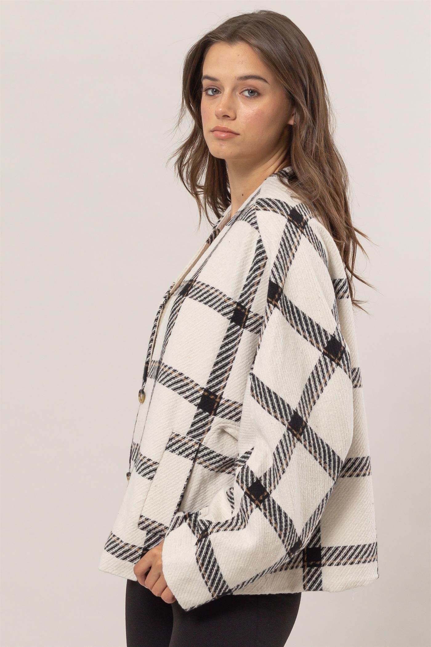 HYFVE Plaid Long Sleeve Jacket with Side Slit Pockets - Delanoir