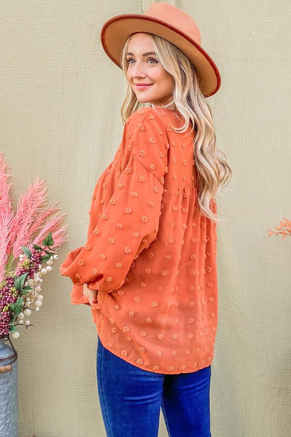And The Why Swiss Dot V Neck Balloon Sleeve Woven Blouse - Delanoir