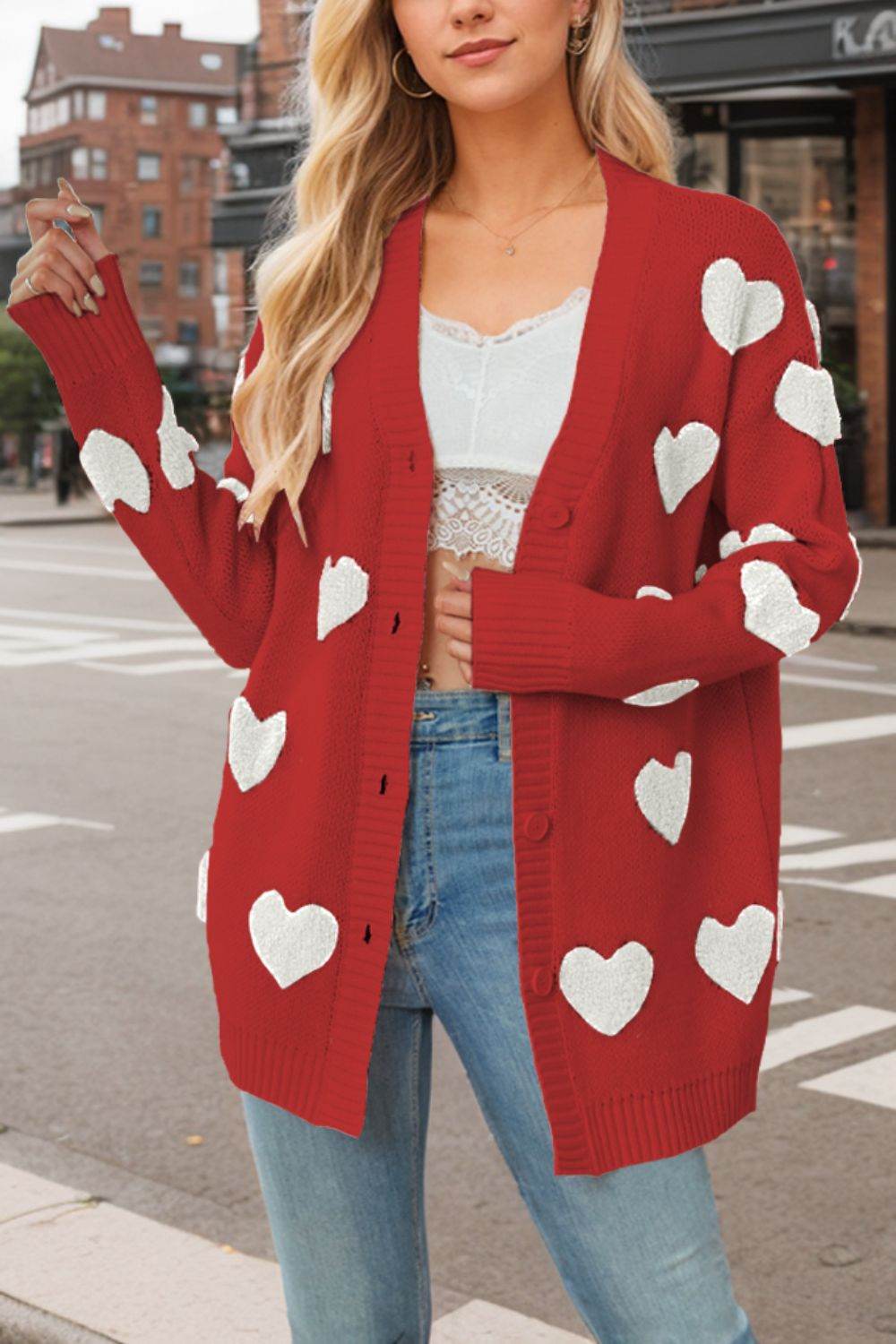 Heart Button Down Long Sleeve Cardigan - Delanoir