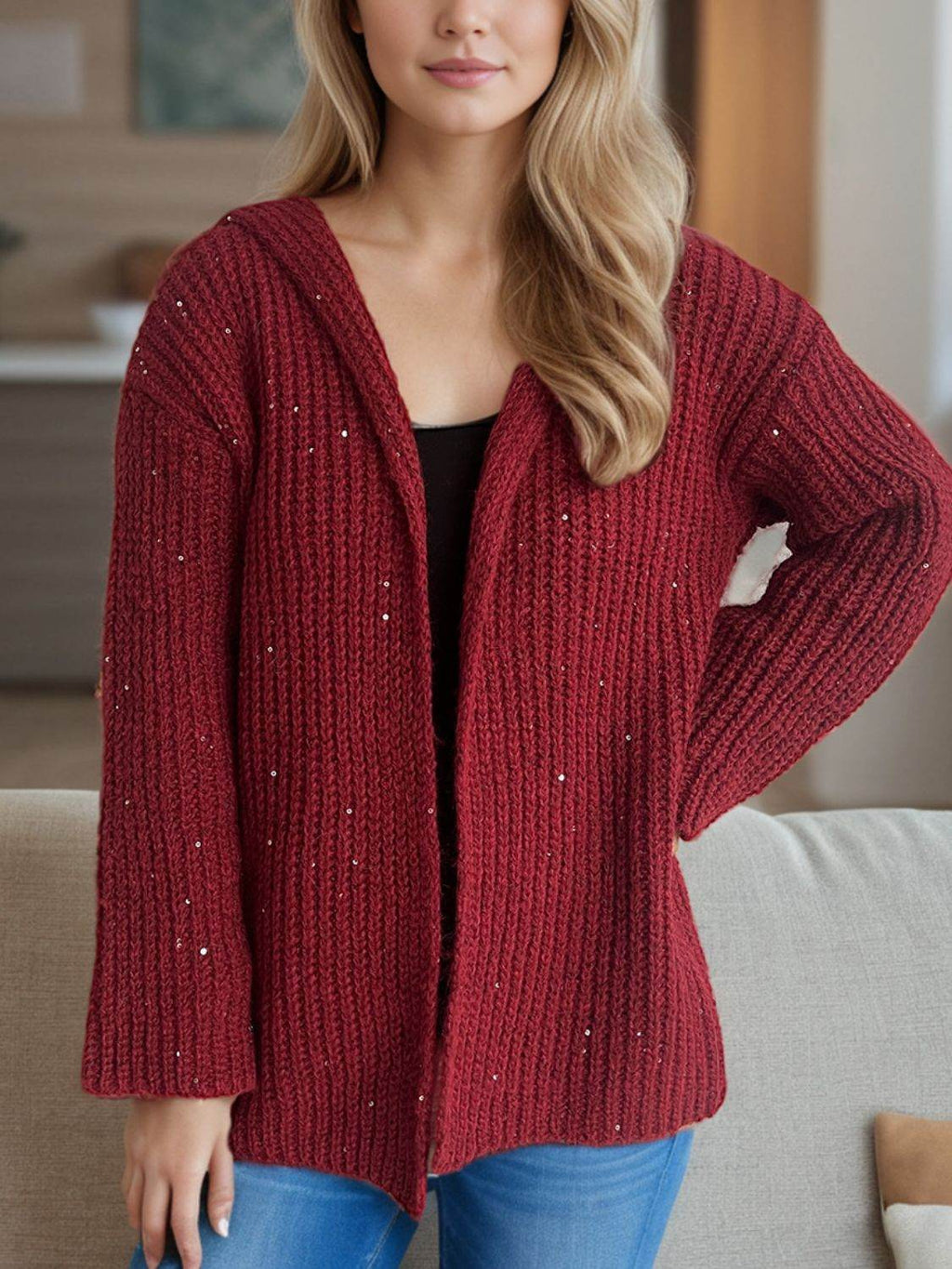 Sequin Detail Long Sleeve Hooded Cardigan - Delanoir