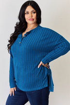 Basic Bae Full Size Ribbed Half Button Long Sleeve High-Low T-Shirt - Delanoir