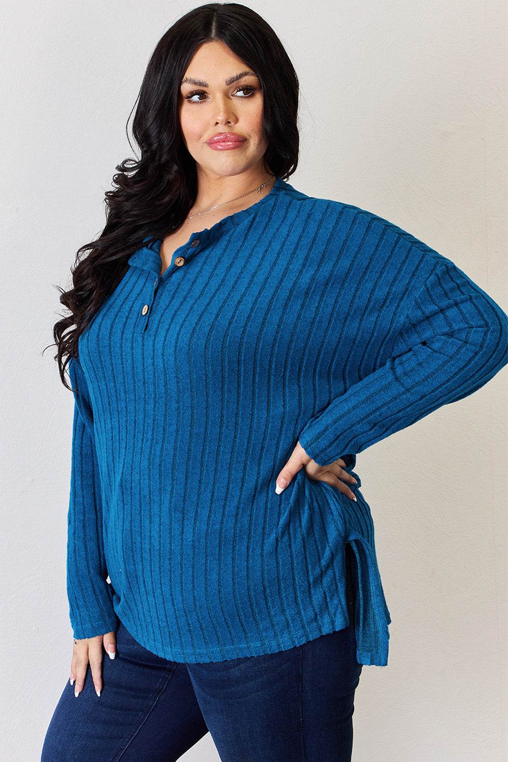 Basic Bae Full Size Ribbed Half Button Long Sleeve High-Low T-Shirt - Delanoir