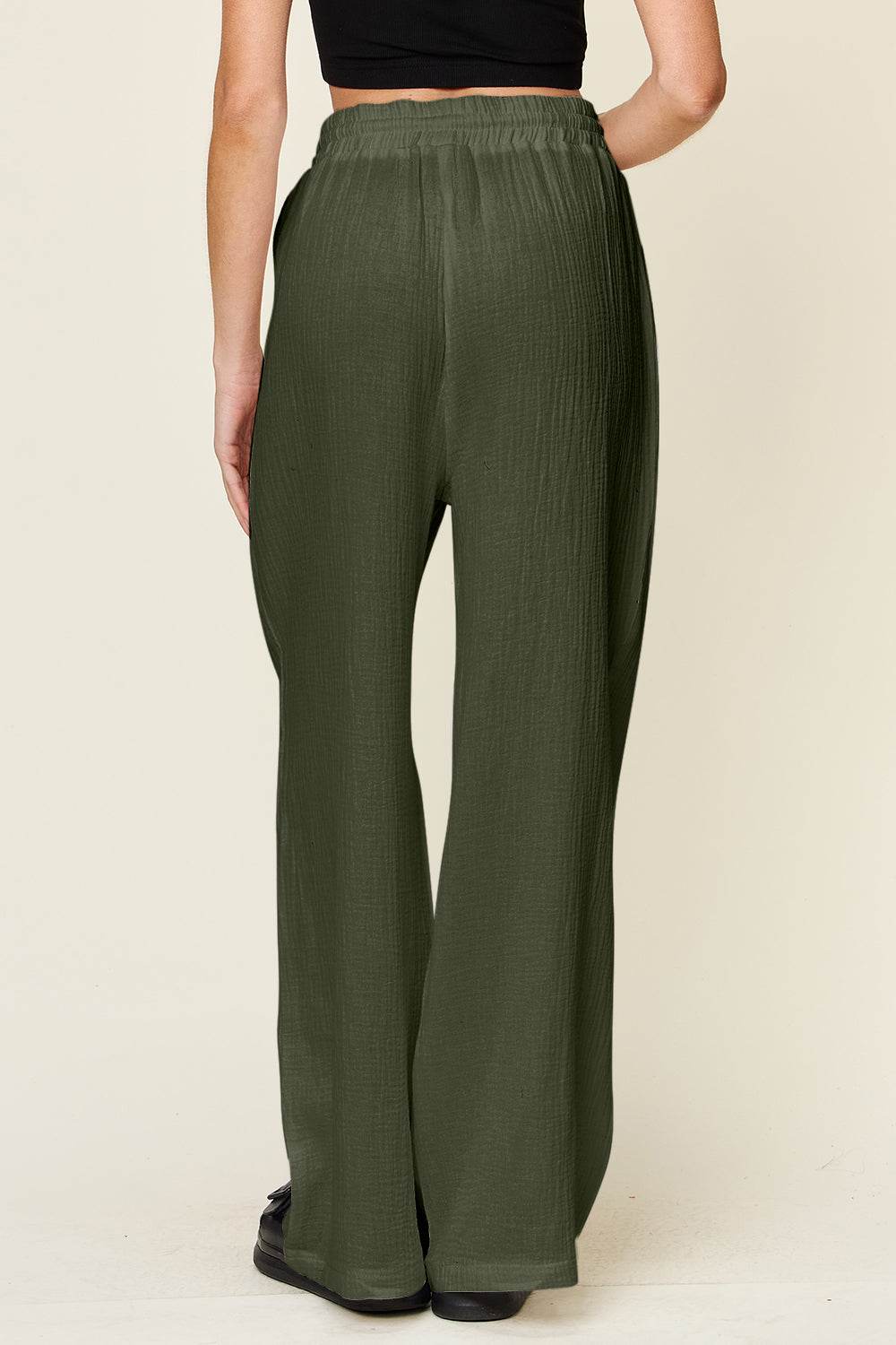 Double Take Full Size Texture Drawstring Wide Leg Pants - Delanoir
