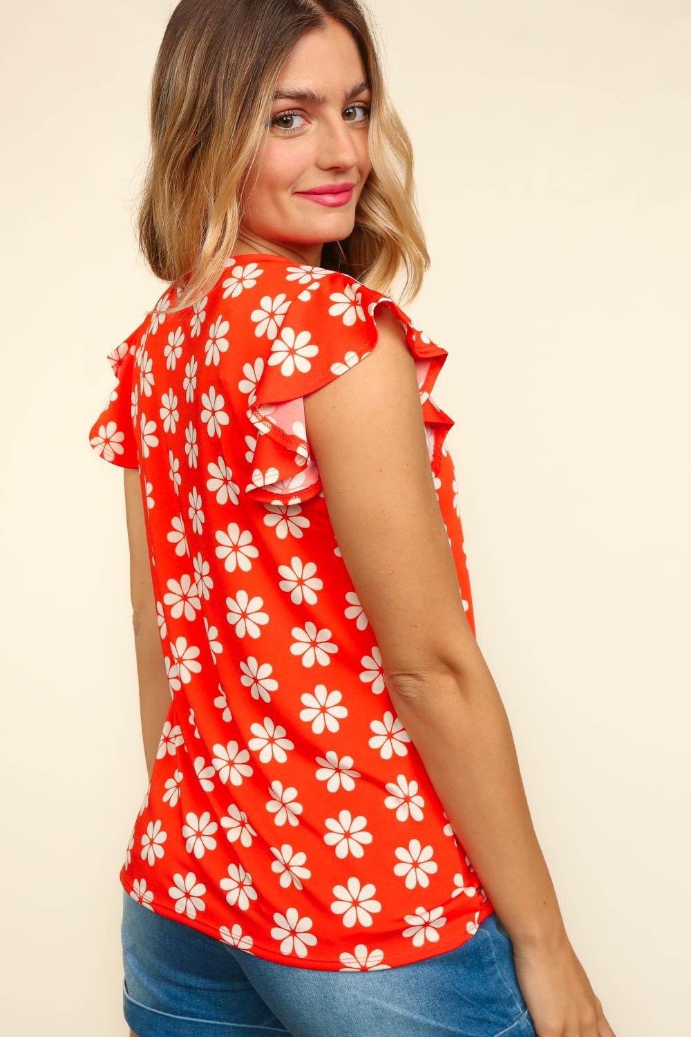 Haptics Round Neck Ruffled Floral Contrast Knit Top - Delanoir