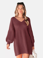 Perfee V-Neck Long Sleeve Sweater Dress - Delanoir