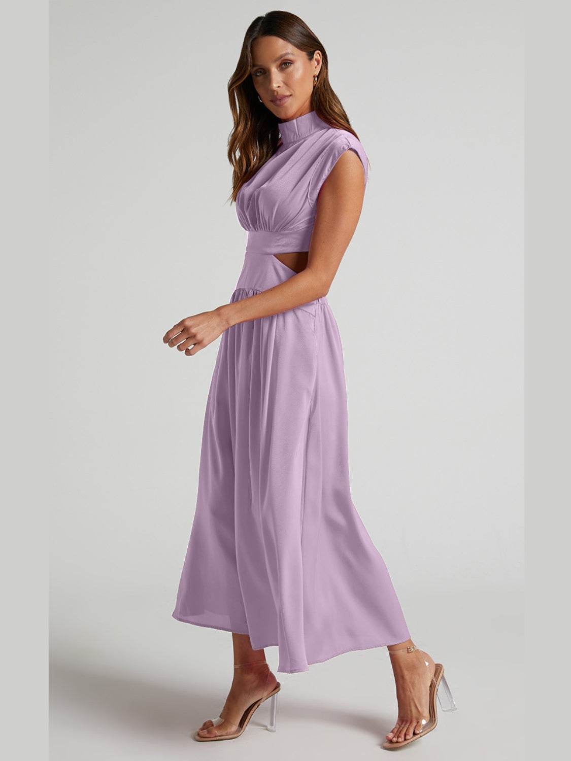 Cutout Mock Neck Sleeveless Ruched Dress - Delanoir