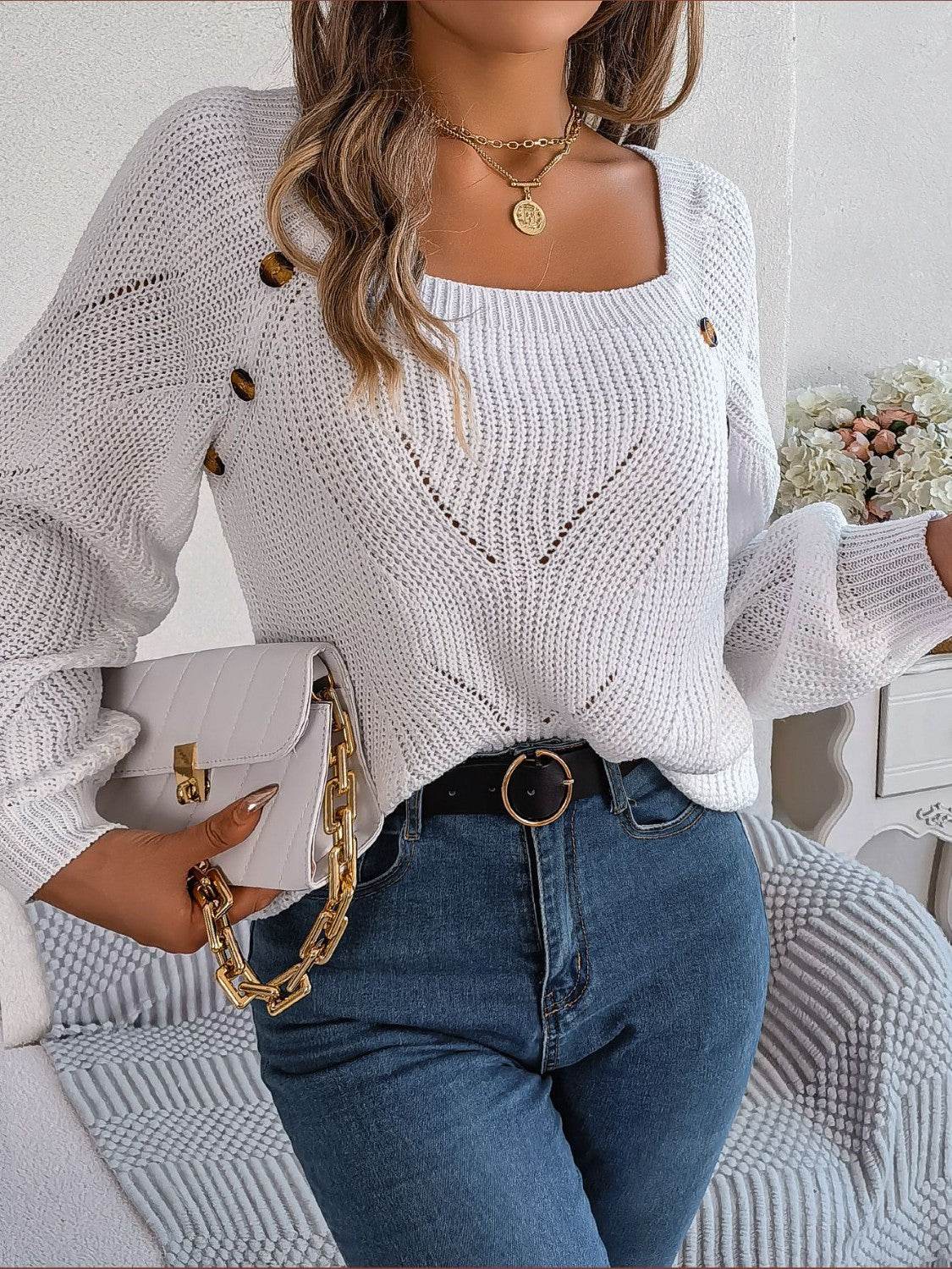 Openwork Buttoned Square Neck Sweater - Delanoir