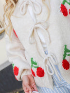 Tied Cherry Round Neck Long Sleeve Cardigan - Delanoir