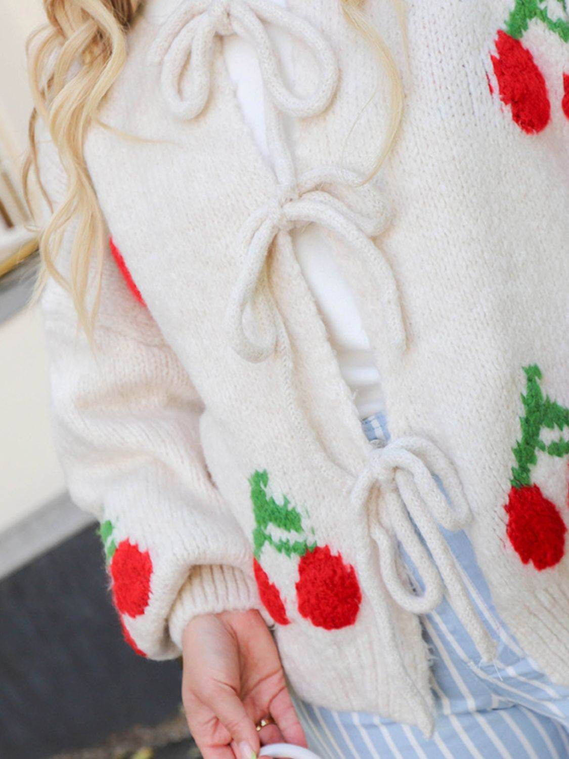 Tied Cherry Round Neck Long Sleeve Cardigan - Delanoir