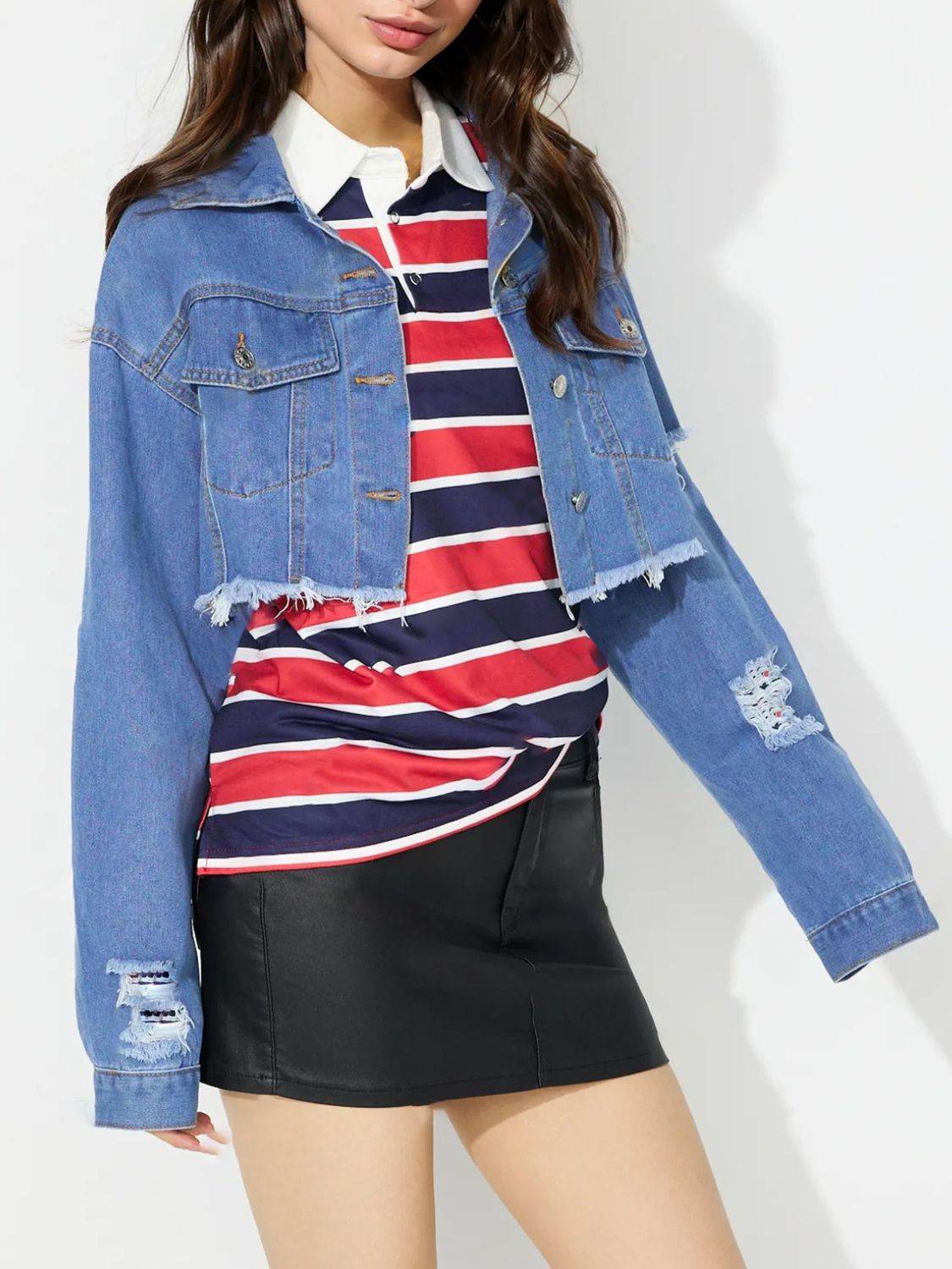 Raw Hem Collared Neck Cropped Denim Top - Delanoir