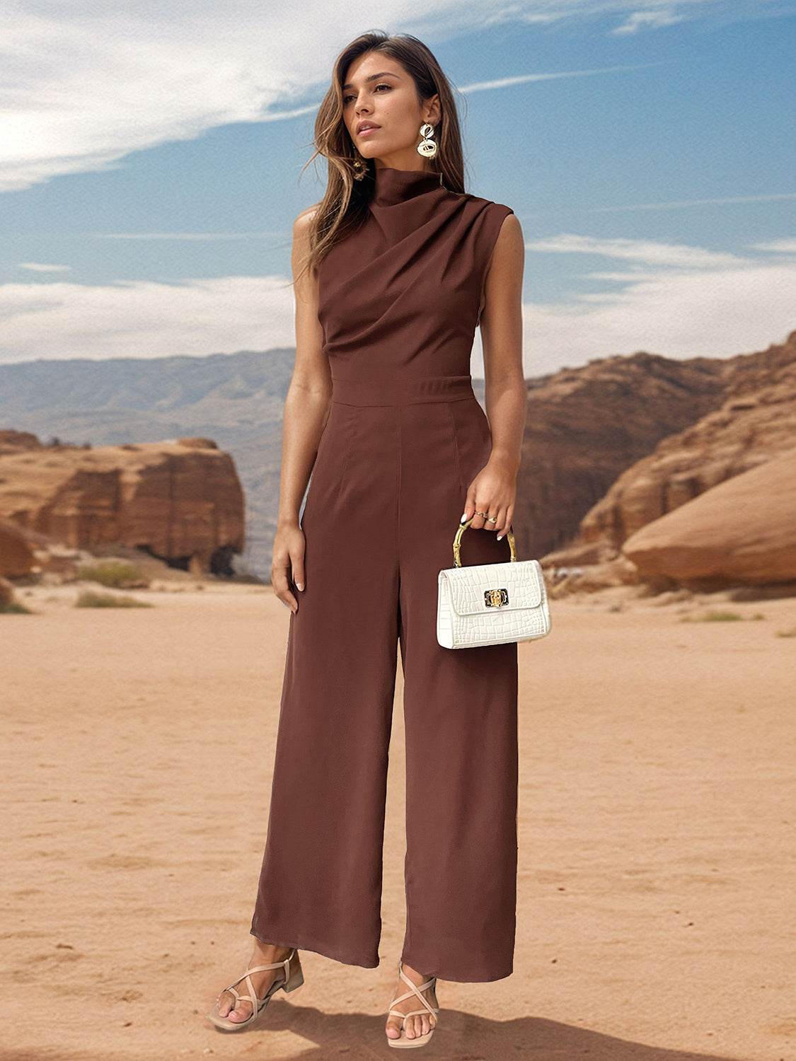 Perfee Ruched Mock Neck Sleeveless Jumpsuit - Delanoir