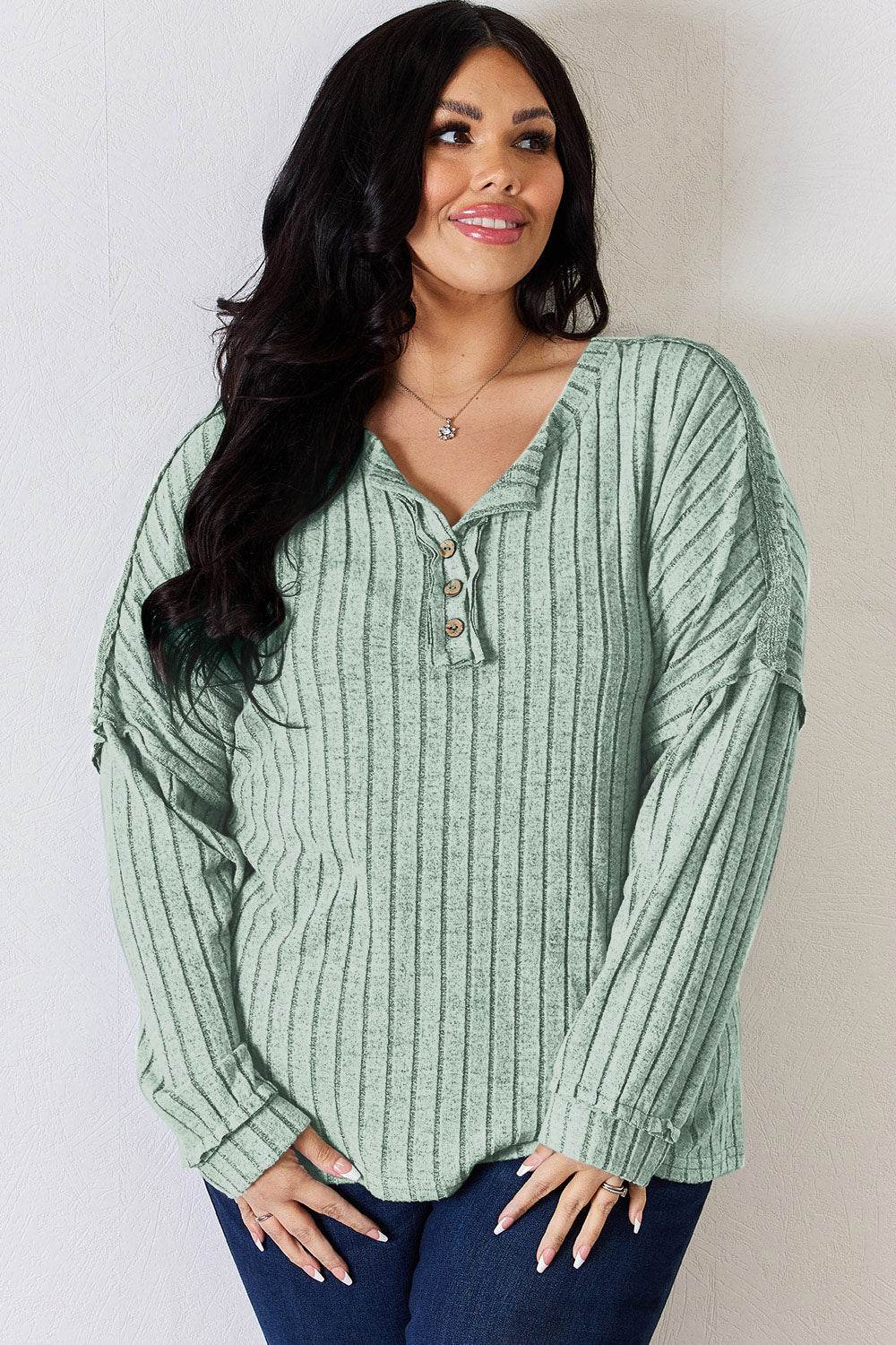 Basic Bae Full Size Ribbed Half Button Long Sleeve T-Shirt - Delanoir