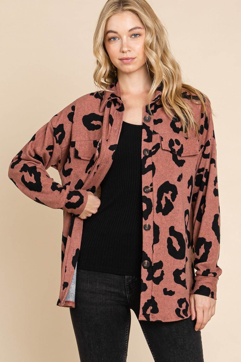 BOMBOM Animal Print Button Up Knit Shacket - Delanoir