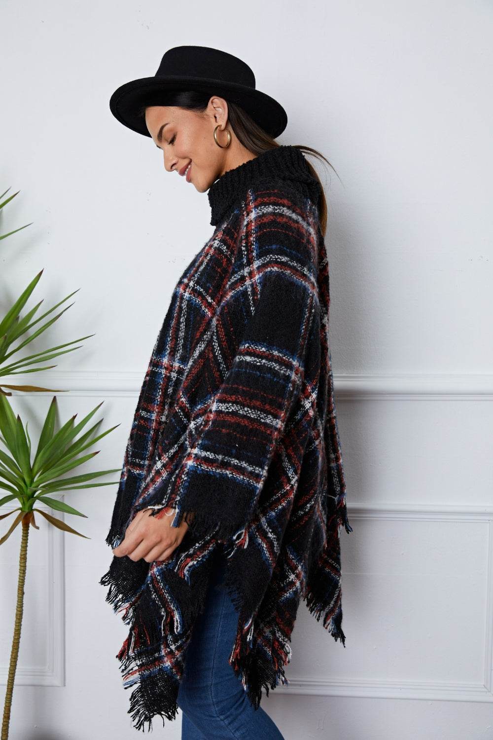 Shiny Turtleneck Plaid Raw Hem Sweater - Delanoir