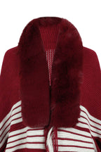 Striped Fringe Detail Long Sleeve Poncho - Delanoir