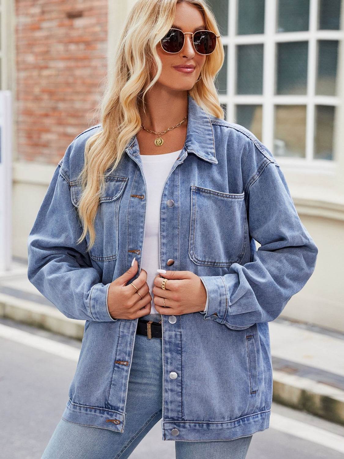 Button Up Denim Jacket with Pockets - Delanoir