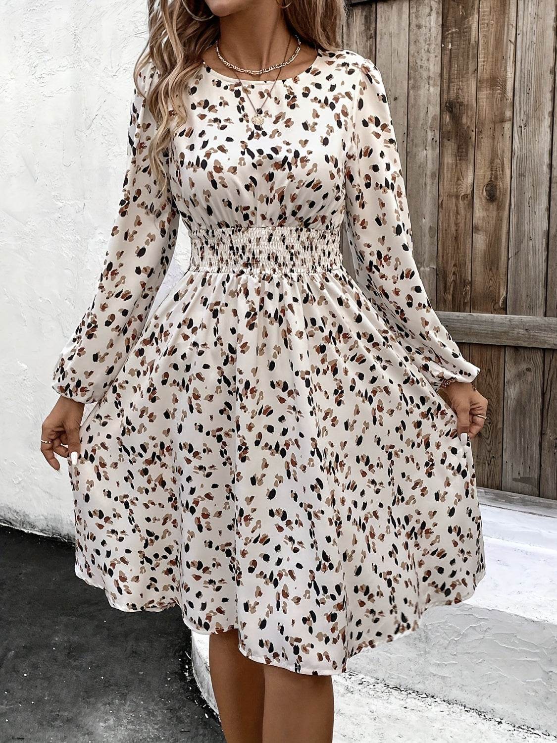 Printed Round Neck Long Sleeve Dress - Delanoir