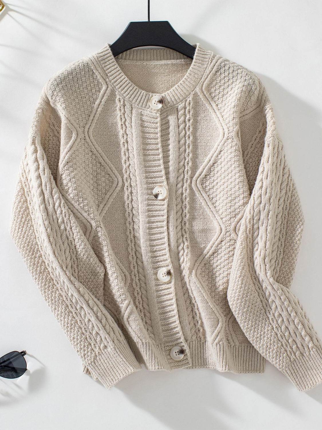 Cable-Knit Round Neck Button Up Cardigan - Delanoir