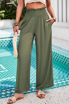 Devine Smocked Wide Leg Pants with Pockets - Delanoir