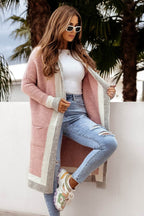Pocketed Contrast Long Sleeve Hooded Cardigan - Delanoir