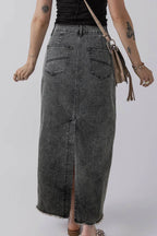 Raw Hem Midi Denim Skirt with Pockets - Delanoir