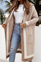 Pocketed Contrast Long Sleeve Hooded Cardigan - Delanoir