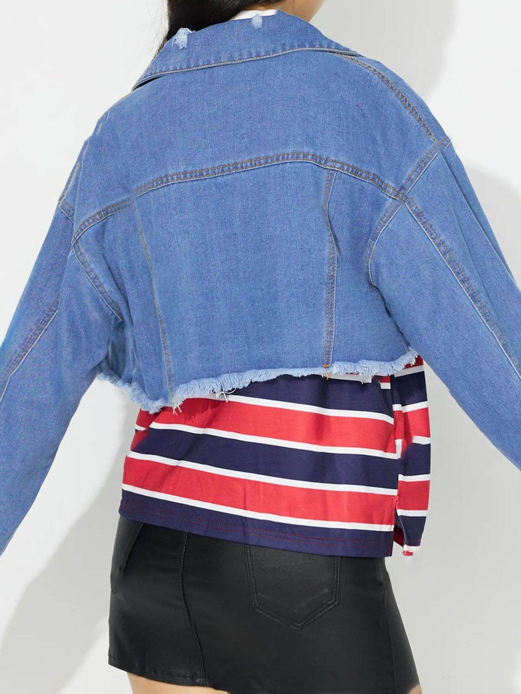 Raw Hem Collared Neck Cropped Denim Top - Delanoir
