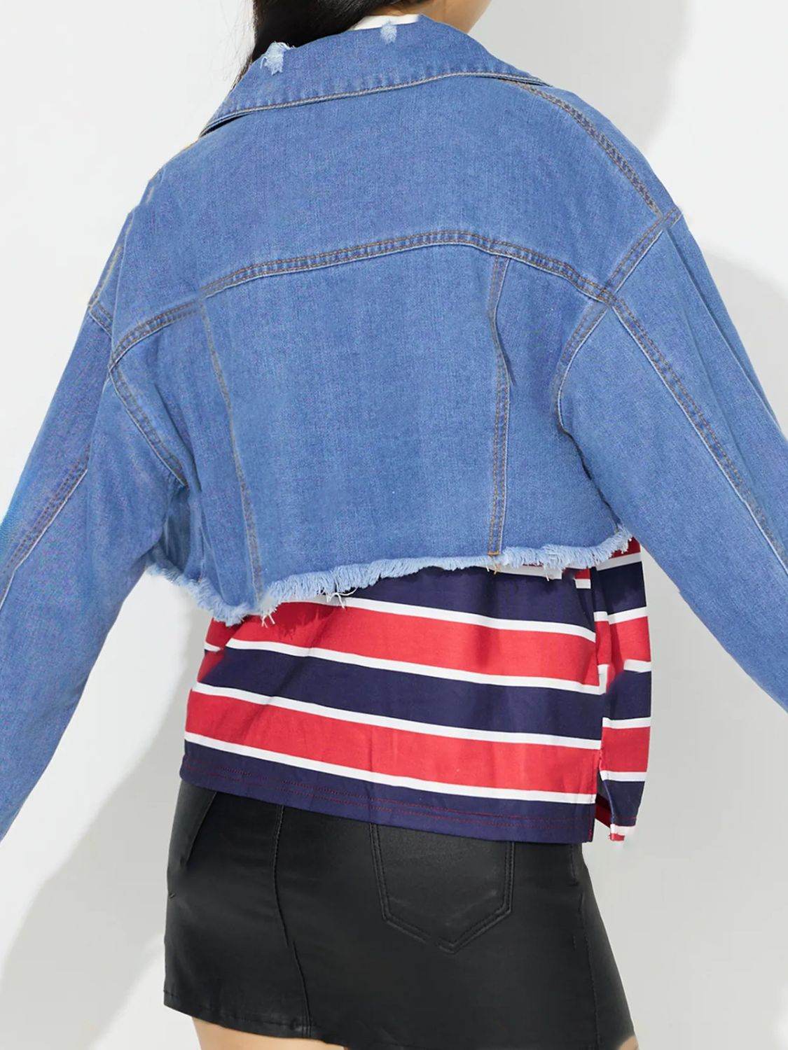 Raw Hem Collared Neck Cropped Denim Top - Delanoir