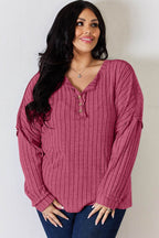Basic Bae Full Size Ribbed Half Button Long Sleeve T-Shirt - Delanoir