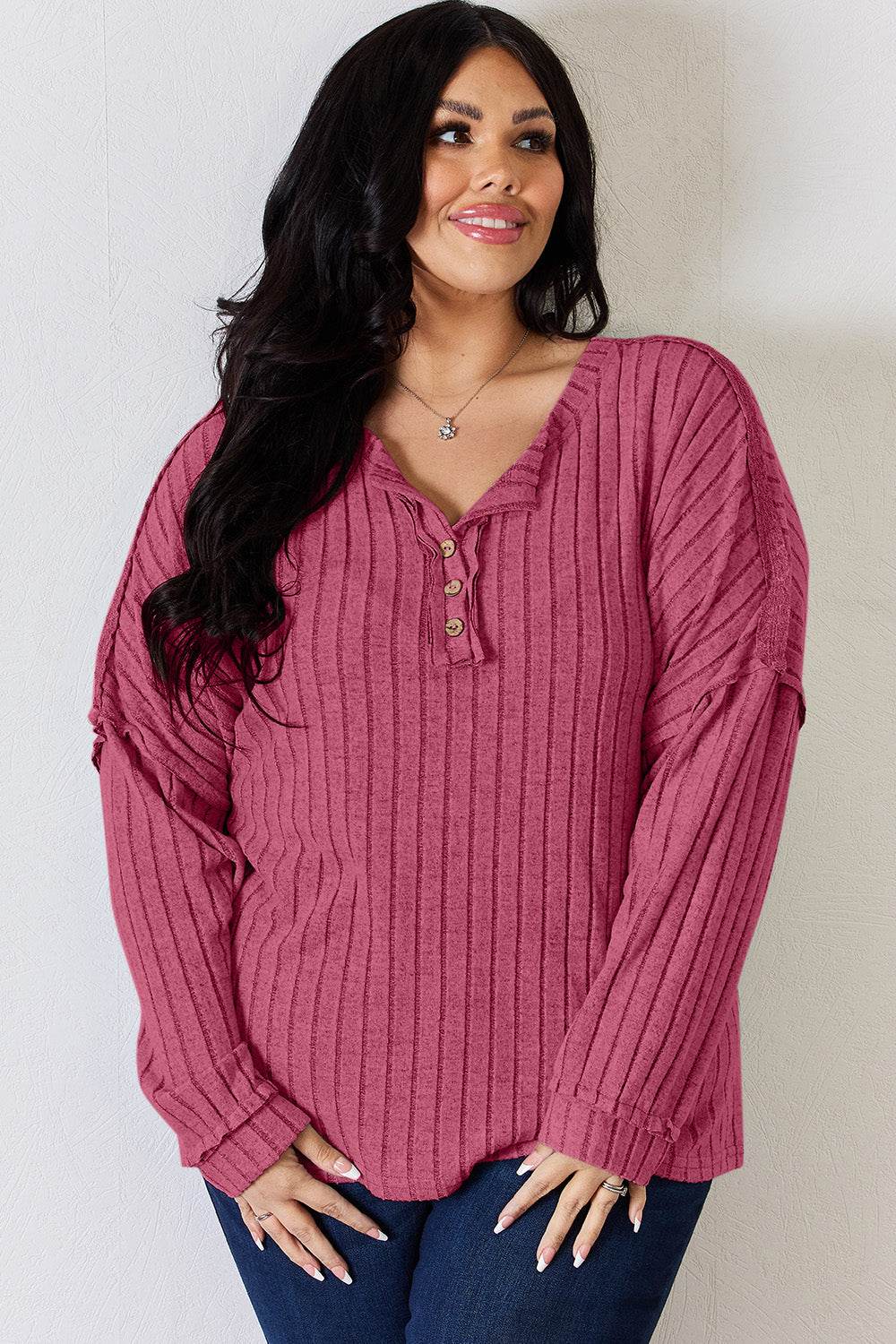 Basic Bae Full Size Ribbed Half Button Long Sleeve T-Shirt - Delanoir