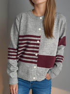 Striped Color Block Round Neck Cardigan - Delanoir
