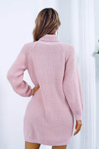 Buttoned Turtleneck Long Sleeve Sweater Dress - Delanoir