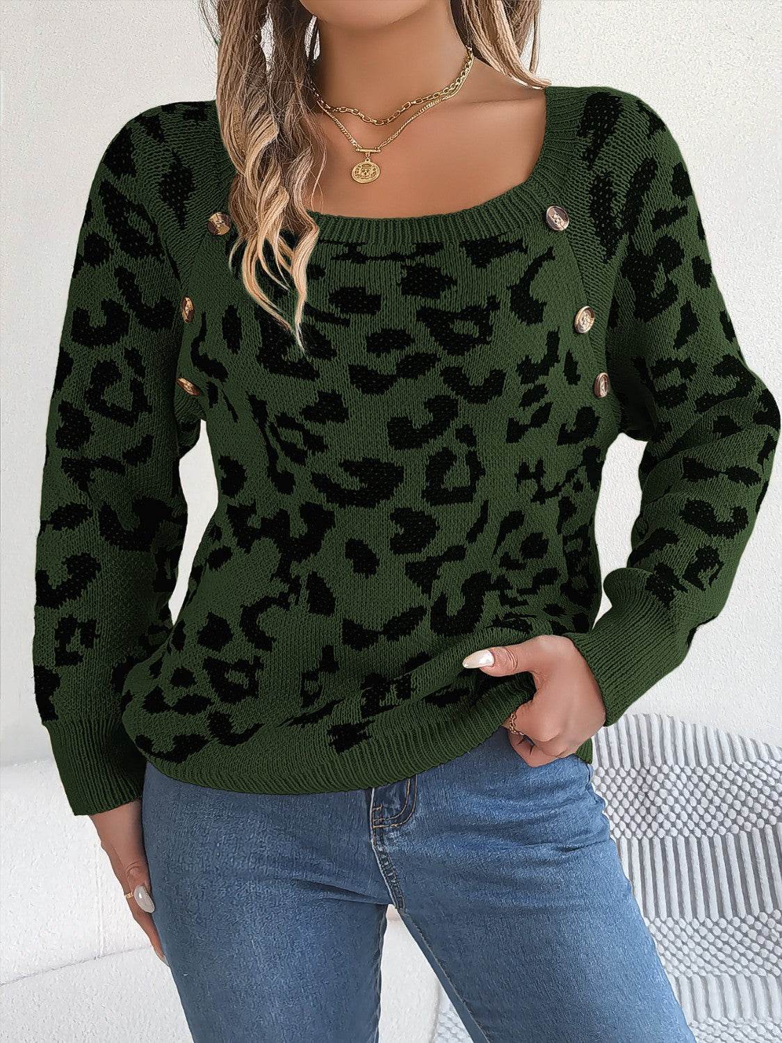 Leopard Buttoned Square Neck Sweater - Delanoir
