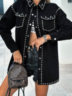 Studded Snap Down Long Sleeve Denim Shacket - Delanoir