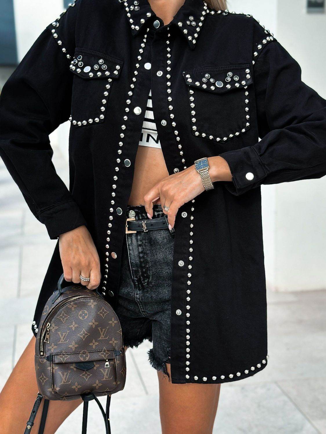 Studded Snap Down Long Sleeve Denim Shacket - Delanoir