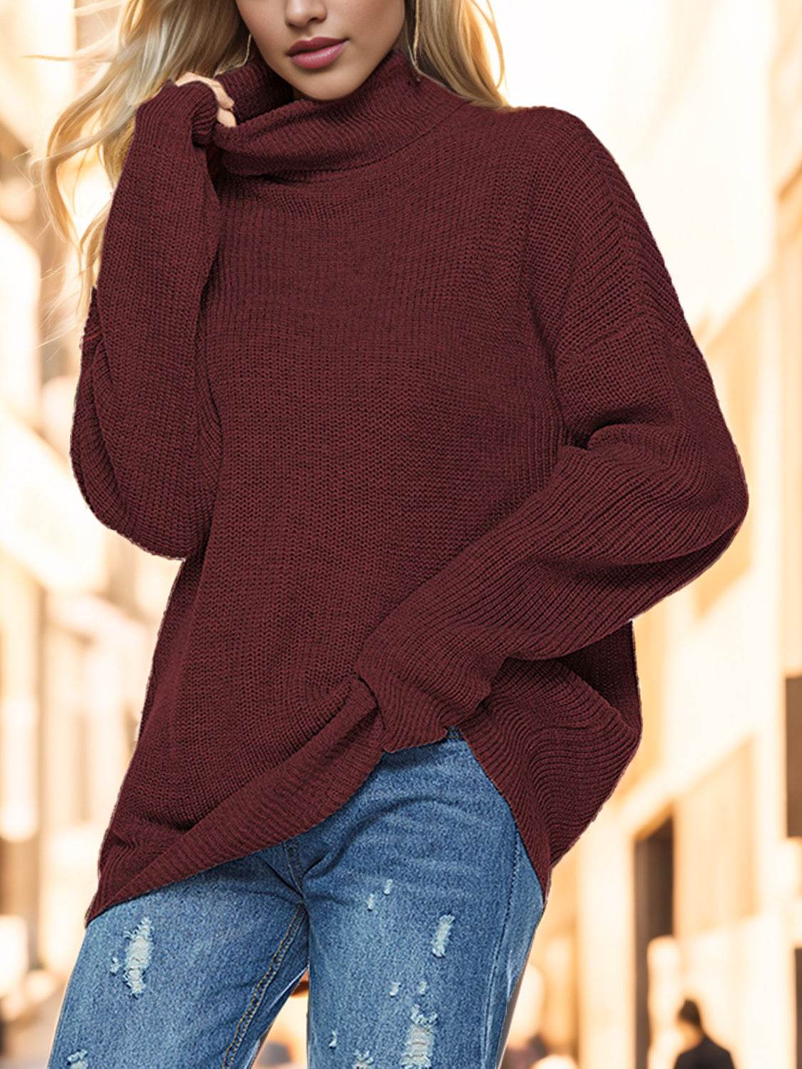Turtleneck Drop Shoulder Long Sleeve Sweater - Delanoir