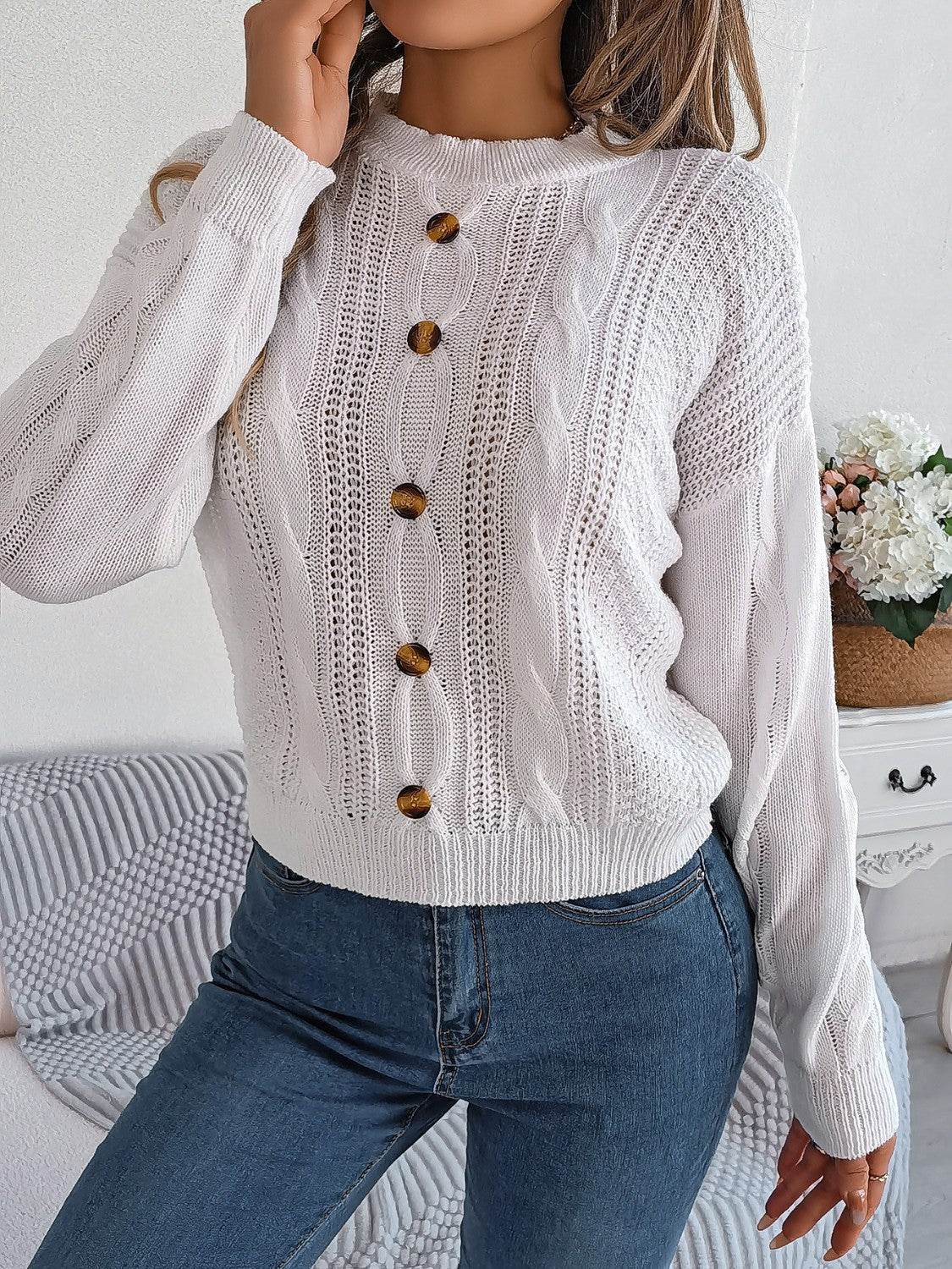 Cable-Knit Buttoned Round Neck Sweater - Delanoir