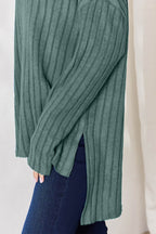 Basic Bae Full Size Ribbed Half Button Long Sleeve High-Low T-Shirt - Delanoir
